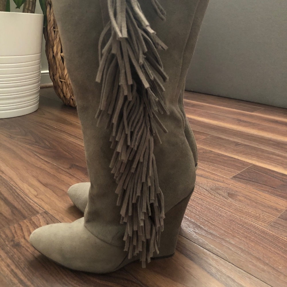 Grey Fringe Wedge Boots